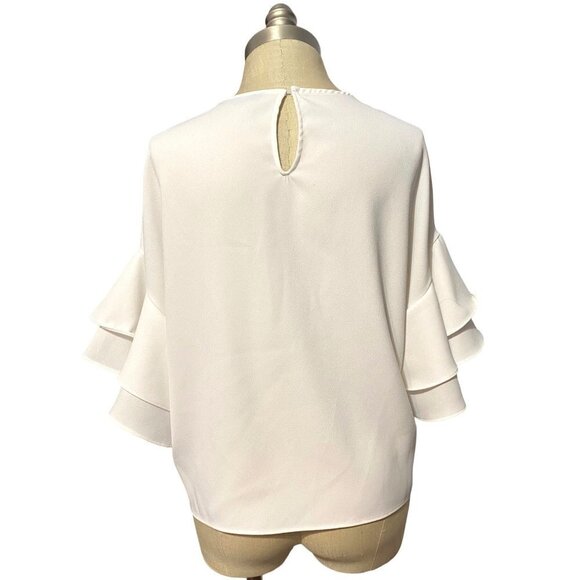 Zara Woman White Crepe Double Ruffle Sleeve Blouse Round Neck Women's Size Small - Picture 2 of 10